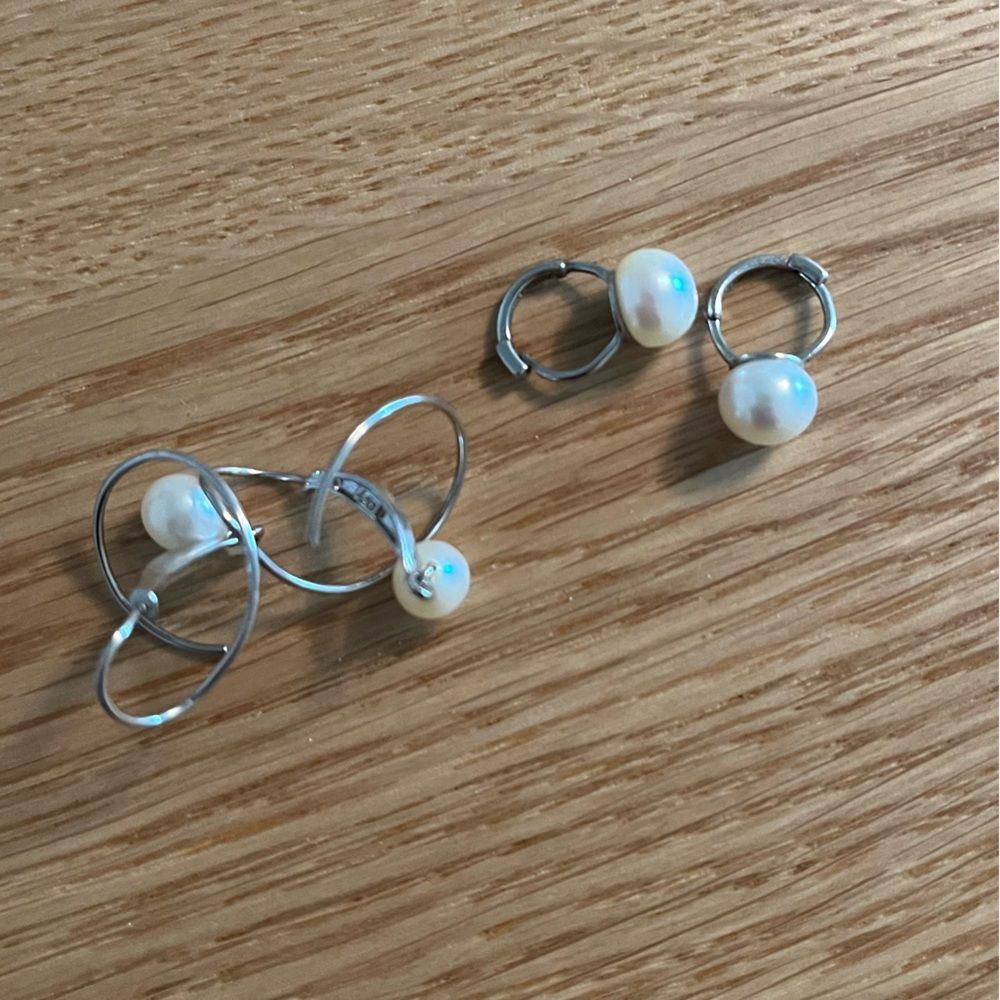 Set of (2) Elegant Silver Pearl Earrings 925 Sterling silver